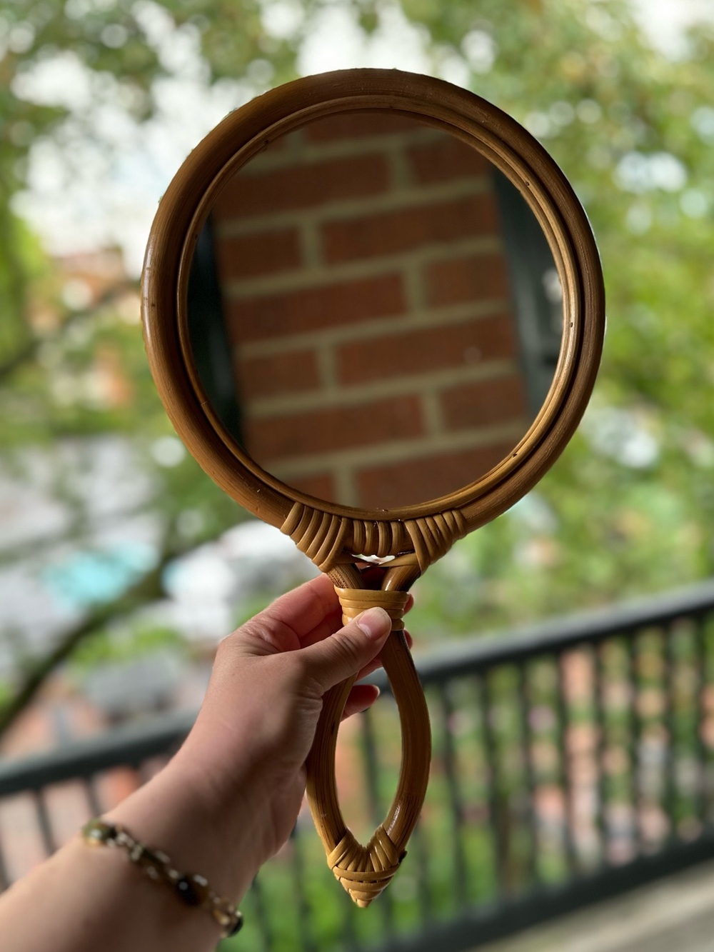 Vintage Mid Century Wrapped Bamboo Hand Mirror Taiwan